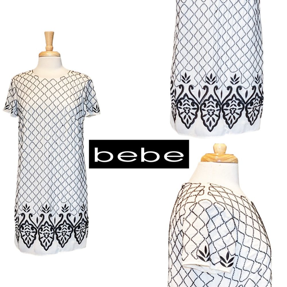 BEBE Black on White Beaded & Embroidered Sheath Dress
